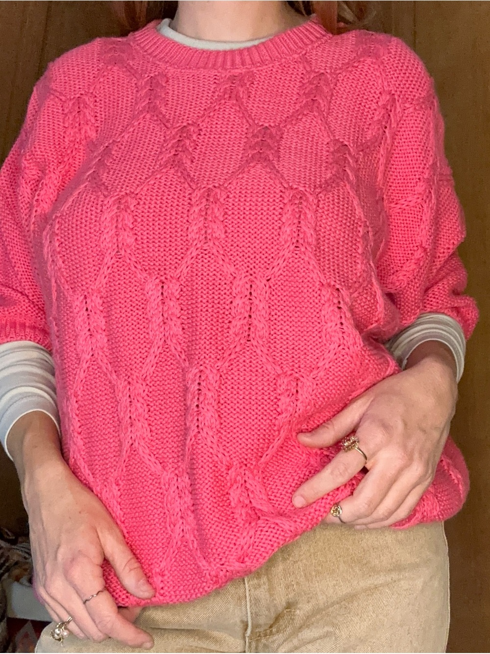 Vintage 1980s Cape Isle Knitters Pink Cotton Cable Knit Sweater | L